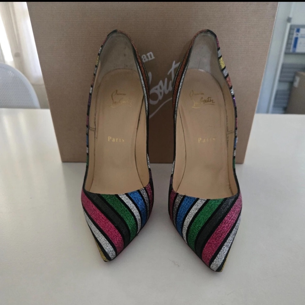LOUBOUTIN SO KATE 120 SUEDE STRIPE GLITTER PUMPS SIZE 38.5 PRE-OWNED